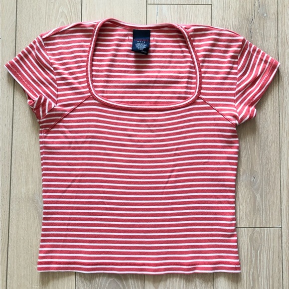 Tommy Jeans Y2K Square Neck Striped Cropped T Shirt in Orange & White Size S - Picture 1 of 9